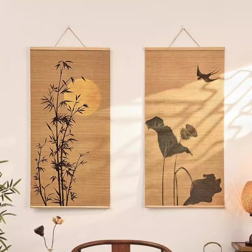 新中式客厅装饰画禅意茶室印花竹帘挂画书房背景卷轴荷花挂画壁画