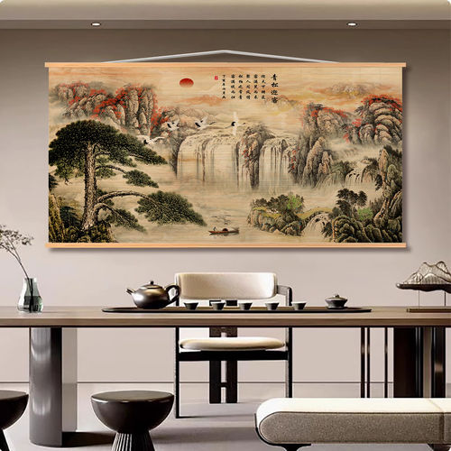 日照金山竹帘挂画装饰画客厅沙发背景墙挂画办公室靠山图升降卷帘