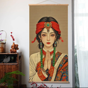 竹帘卷轴挂画茶室书房装 中式 饰画民宿挂帘饰品餐厅玄关挂画隔断帘