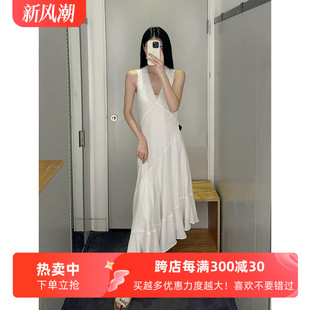 极简COS风标准版型V领不对称白色无袖长裙25夏季新款通勤女连衣裙