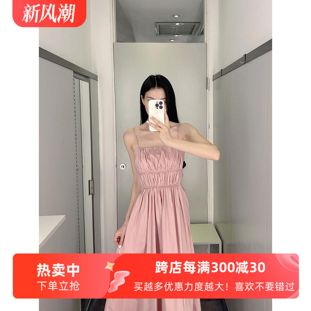 通勤吊带裙纯色缩褶抹胸连衣裙