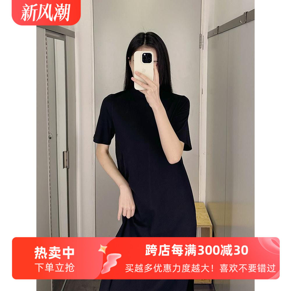 通勤A字棉质纯色侧开叉T恤连衣裙