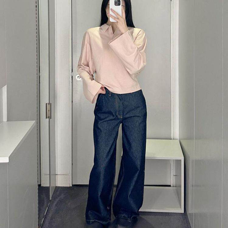 极简cosniu风粉色上衣翻领纯棉T恤春秋个性长袖衬衫女士cosniu薄
