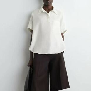 新品 极简cosniu女装 朱红色2026夏季 亚麻衬衫 休闲版 型半开襟短袖