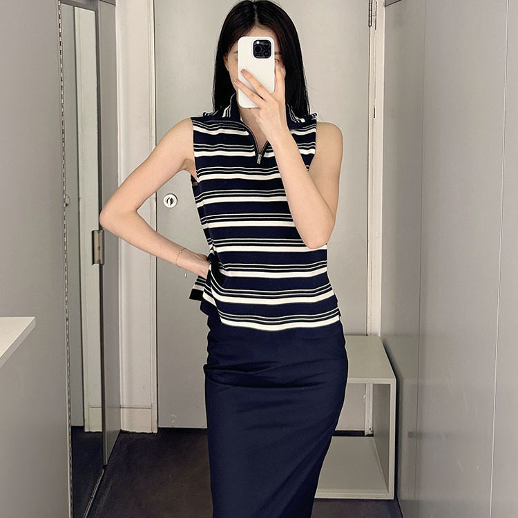 极简cosniu风女装休闲版型翻领无袖背心条纹针织衫毛衣上衣