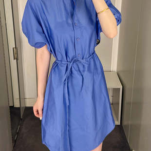 连衣裙蓝色2025夏季 cddily极简COS风女装 衬衫 休闲版 型系带中长款