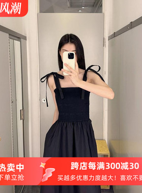 极简风修身抽褶减龄洋气黑色吊带茶歇裙25夏季新cosniu女连衣裙