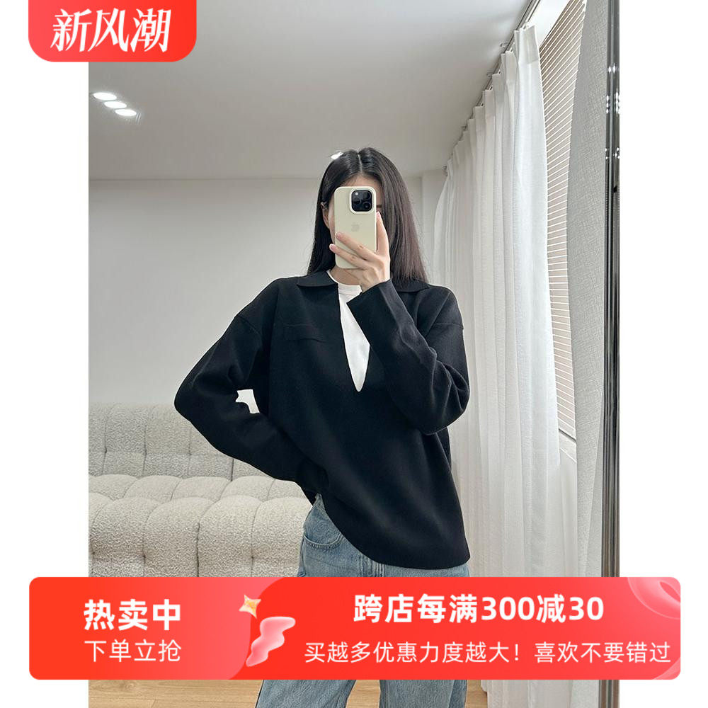 cddily套头深V翻领纯色针织衫