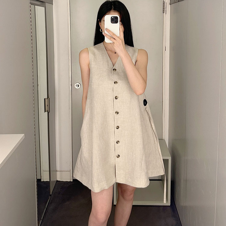 极简COS风女装休闲版型V领无袖浅米色衬衫宽松版型上衣系带连衣裙