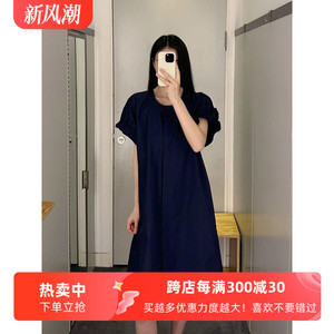 极简风休闲版型直筒缩褶收腰泡泡袖藏青25夏季新cosniu女连衣裙