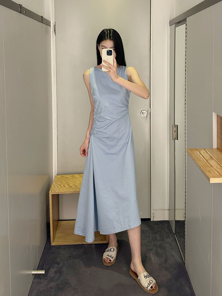 极简cos风修身版型船领不规则下摆蓝色长裙23夏季新通勤女连衣裙