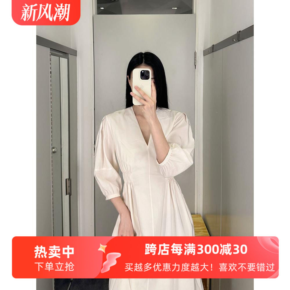 通勤A字纯色V领收腰泡泡袖连衣裙