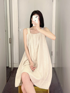 极简cosniu风白色棉质休闲纯色无袖吊带cosniu系带a型连衣裙夏季
