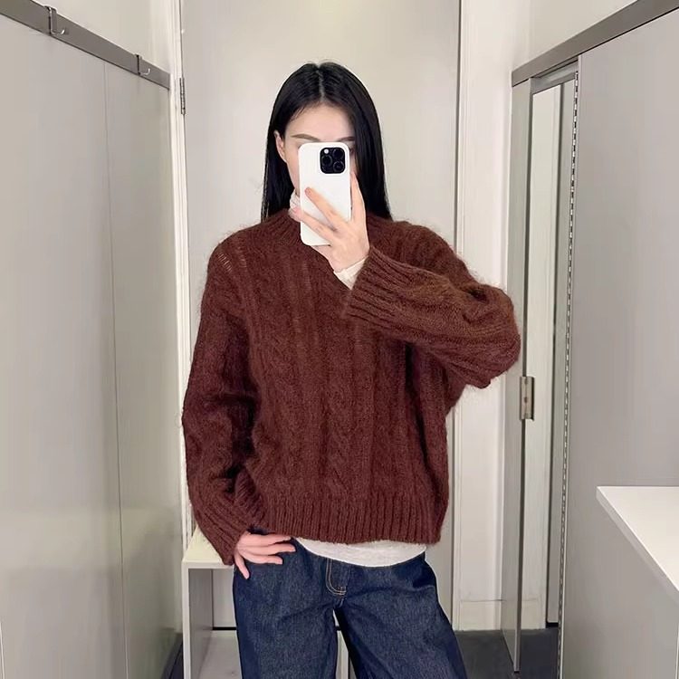 马海毛毛衣上衣通勤棕色女
