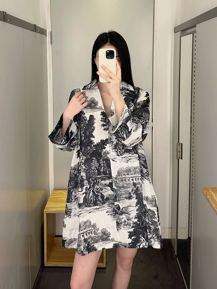极简COS风宽松版法式黑白印花亚麻衬衫裙23夏季新款通勤女连衣裙
