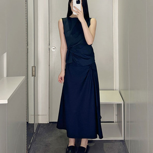 型船领抓褶纹理围裹式 扭结背心半身裙T恤上 休闲版 极简cosniu女装