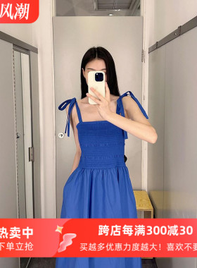 极简风修身版型缩褶抹胸吊带蓝色长裙25夏季新款女连衣裙