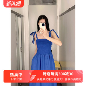 通勤吊带裙纯色缩褶抹胸系带长裙