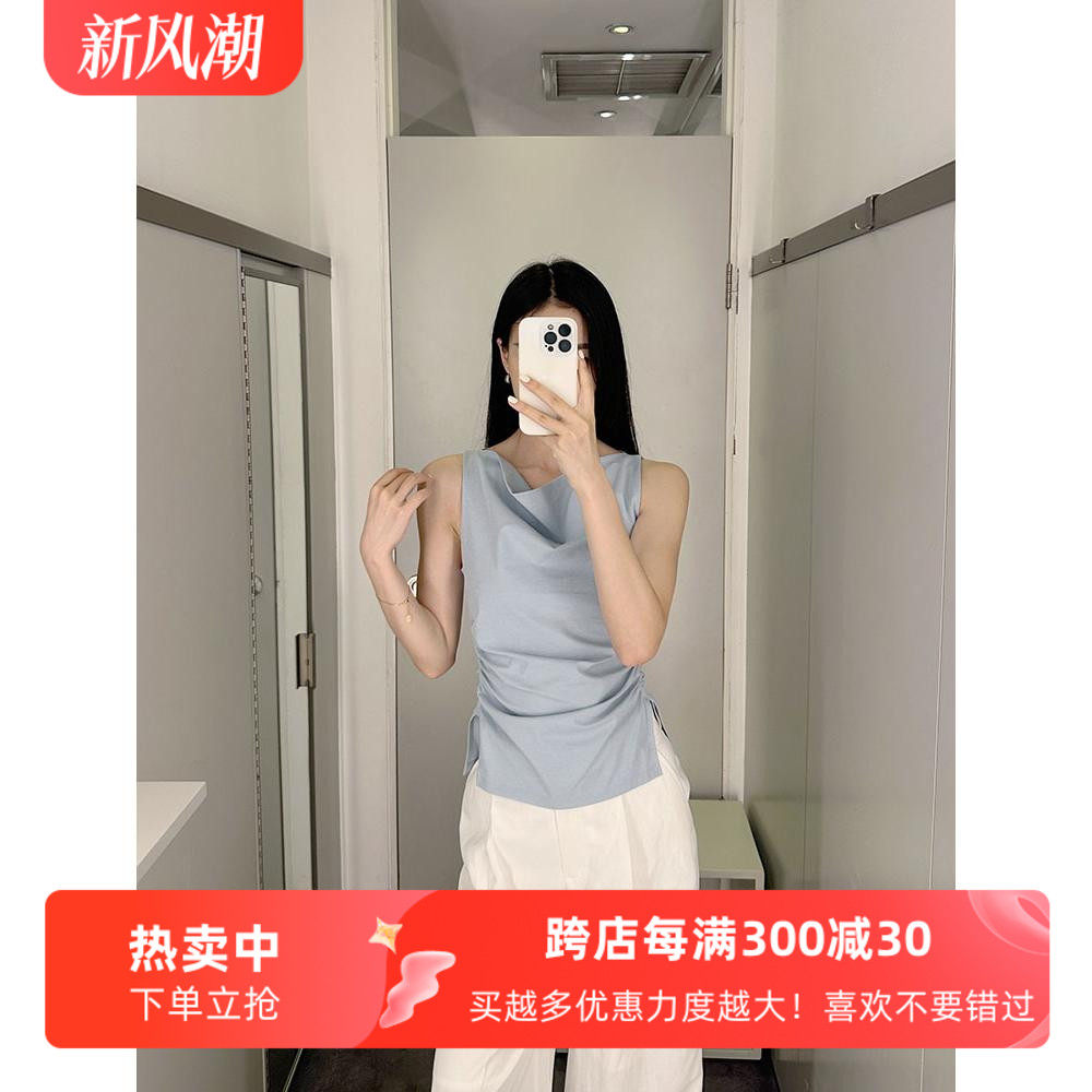 抓褶极简通勤风船领无袖通勤背心