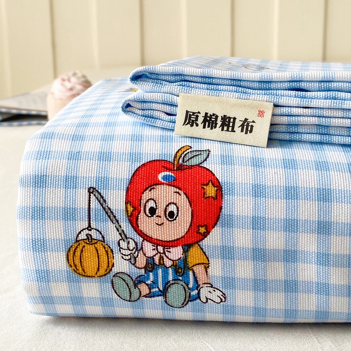 老粗布床单三件套卡通风原棉印花蓝白格子磨毛四件套全棉四季通用