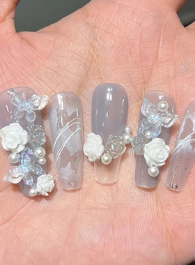 穿戴甲韩系ins手工蓝色花朵珍珠装饰仙女系果冻水晶亮晶晶美甲片
