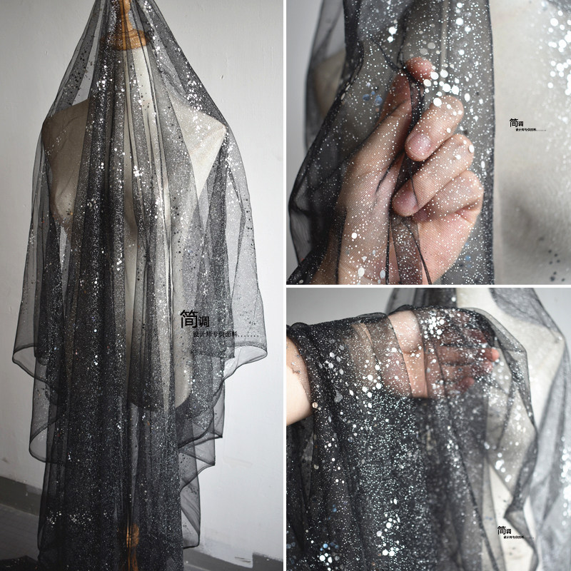 黑色渐变色烫金撒银网纱布料流星雨透视服装镂空礼服设计婚庆面料
