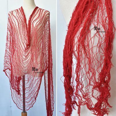 红色稀疏网纱布料镂空破烂风拍照装饰道具婚纱礼服汉服设计师面料