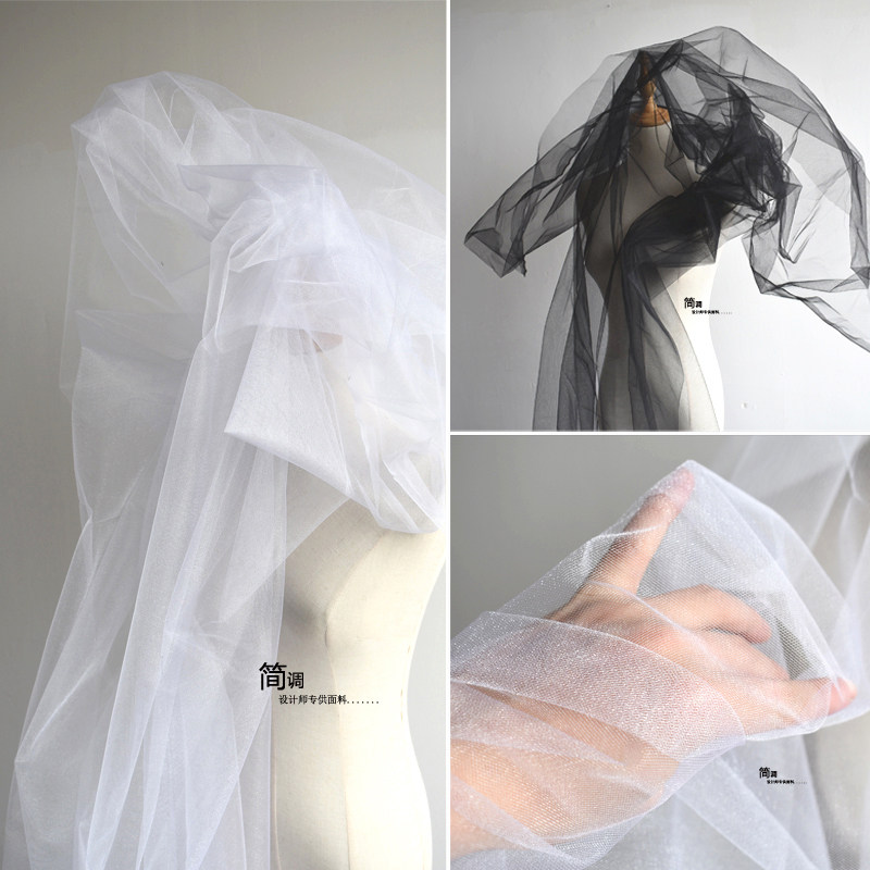 黑白色硬纱超透明加密婚纱网纱透视装头纱硬挺造型珠光设计师布料