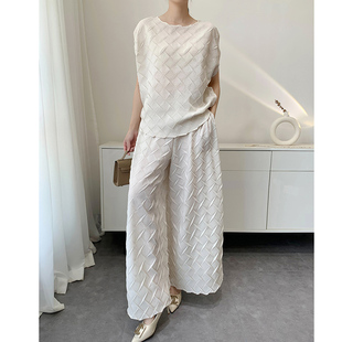 三宅风夏季复古包袖短袖套头上衣 褶皱九分阔腿裤休闲套装两件套
