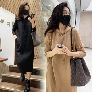 速卖通现货秋冬长袖连帽卫衣裙韩版修身显瘦纯色连衣裙