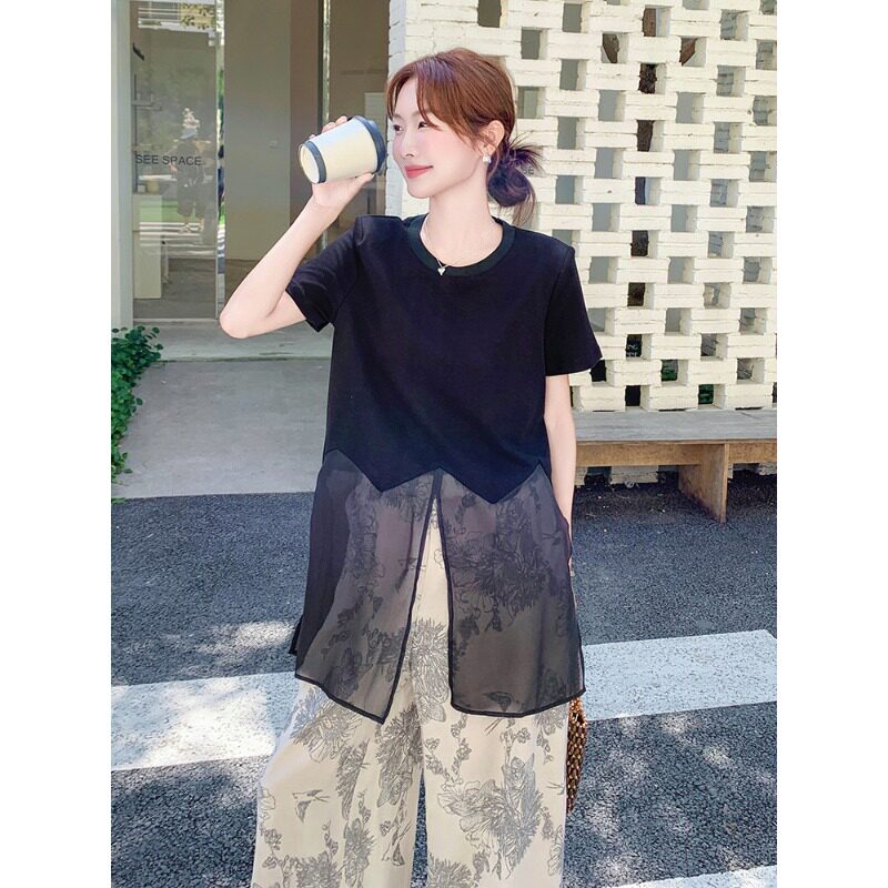 高级感欧货拼接欧根纱侧开叉短袖T恤女2026夏季新款显瘦中长上衣