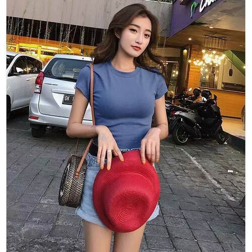 夏季短袖短款牛仔蓝色打底T恤女