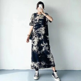 黑色扎染短袖T恤连衣裙女夏季薄款休闲宽松长款过膝长裙显瘦T恤裙