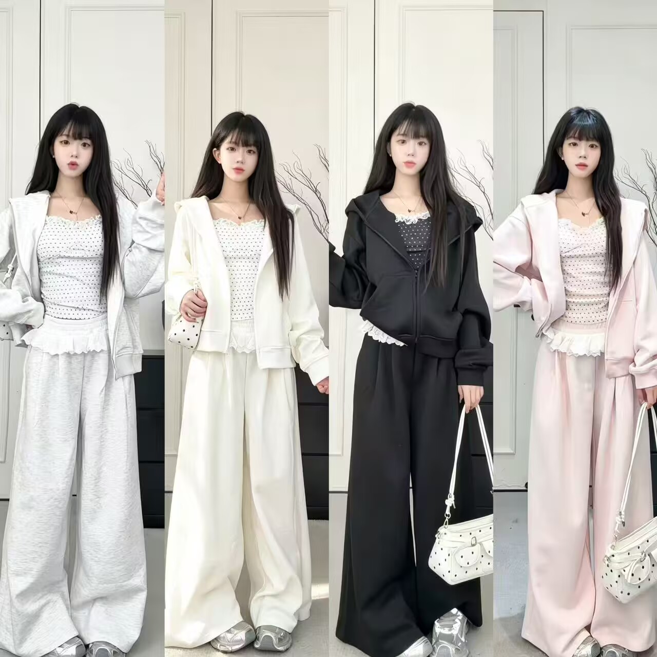 秋冬款上新卫衣三件套甜系套组连帽卫衣+柔感吊带+休闲蕾丝阔腿裤