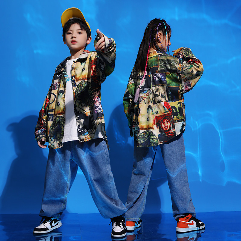街舞潮服男孩嘻哈hiphop港风复古花衬衫少儿架子鼓演出服走秀衣服