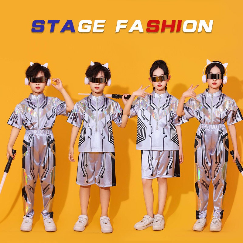 儿童银色科技感啦啦队演出服银色机器人AI冲上云霄舞蹈服街舞潮服