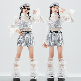 少儿jazz潮流走秀演出服 套装 女孩爵士舞服装 露脐银色亮片白纱长袖