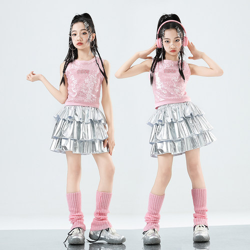 女童爵士舞演出服粉亮片背心jazz街舞服装少儿hiphop模特走秀潮装