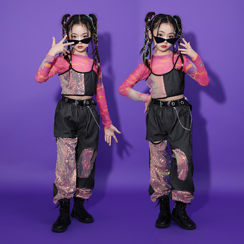 女孩爵士舞演出服幼儿亮片嘻哈街舞JAZZ露脐装时尚模特舞台走秀服