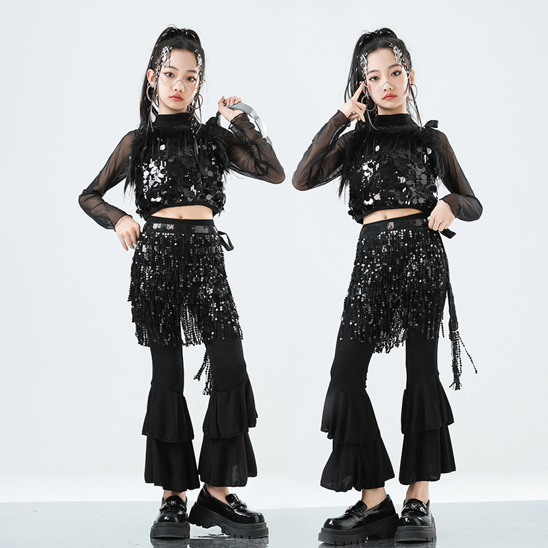 六一舞蹈演出服爵士舞服装女孩韩版时髦亮片背心少儿jazz女团套装
