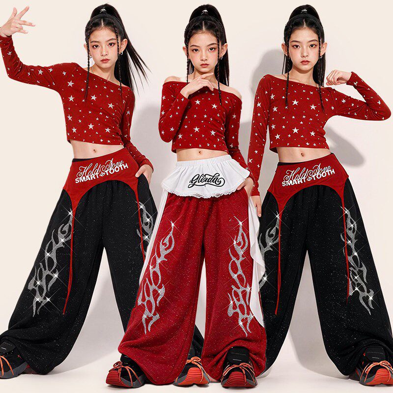 女童红色闪钻爵士舞演出服少儿jazz套装儿童街舞服装女孩裤子潮装