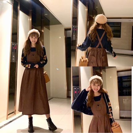 甜妹日系背带长裙可爱少女小熊圆领毛衣裙上衣萌软妹甜美显瘦