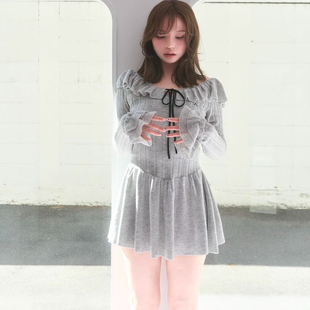 现货甜妹andmary约会收腰显胸纯欲灰荷叶长袖 显瘦针织毛衣连衣裙