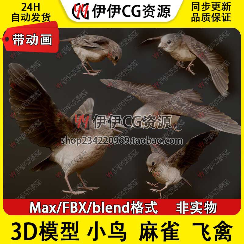 3D模型3DMax动物模型小鸟飞禽喜鹊SPARROW麻雀FBX带动画飞行Blend