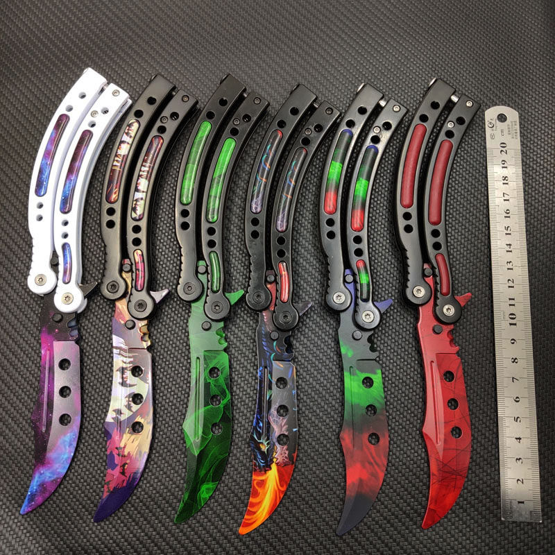 CSGO周边蝴蝶甩刀多种皮肤全钢折叠蝴蝶练习刀洞孔未开刃弹簧锁扣