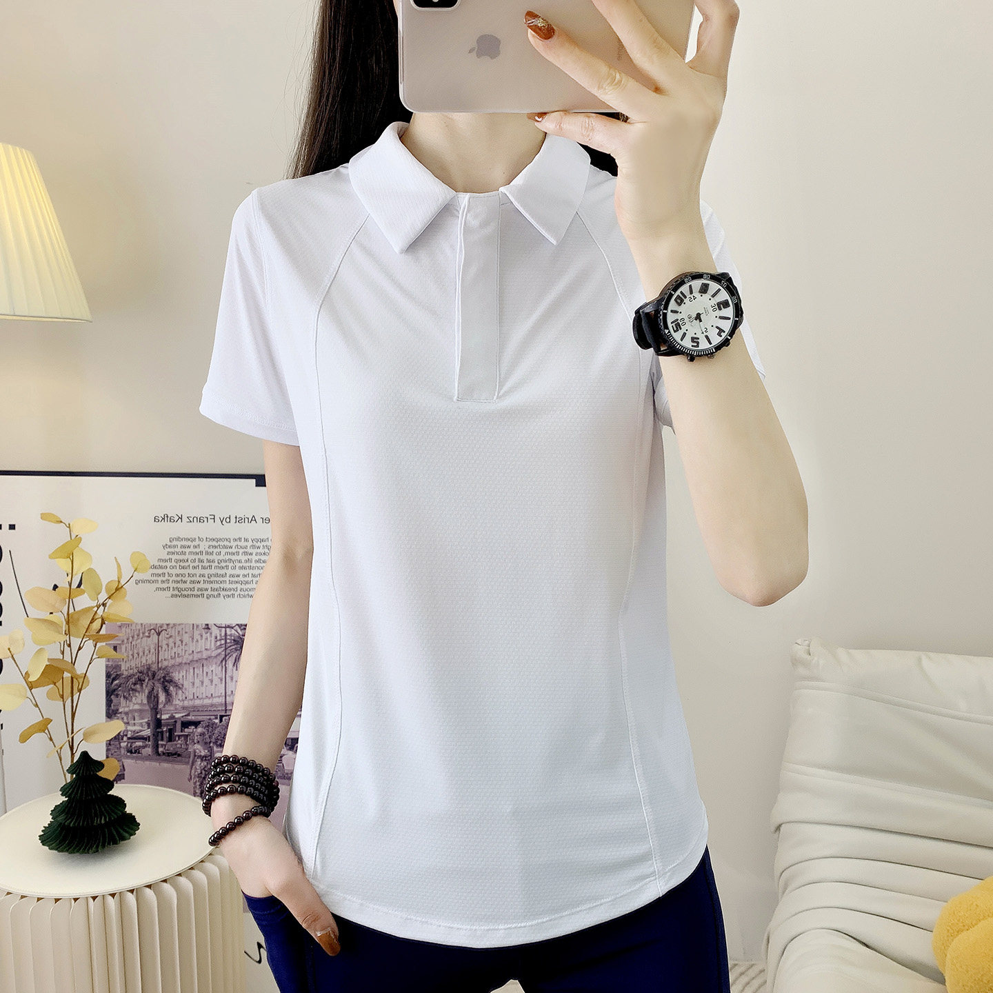 运动短袖t恤翻领polo女健身锻炼跑步小翻领t恤白色速干衣休闲半袖