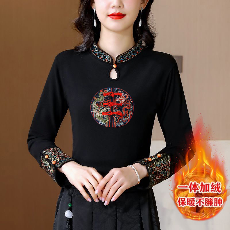 新中式立领加绒上衣女冬季新款民族风刺绣打底衫复古加厚印花t恤