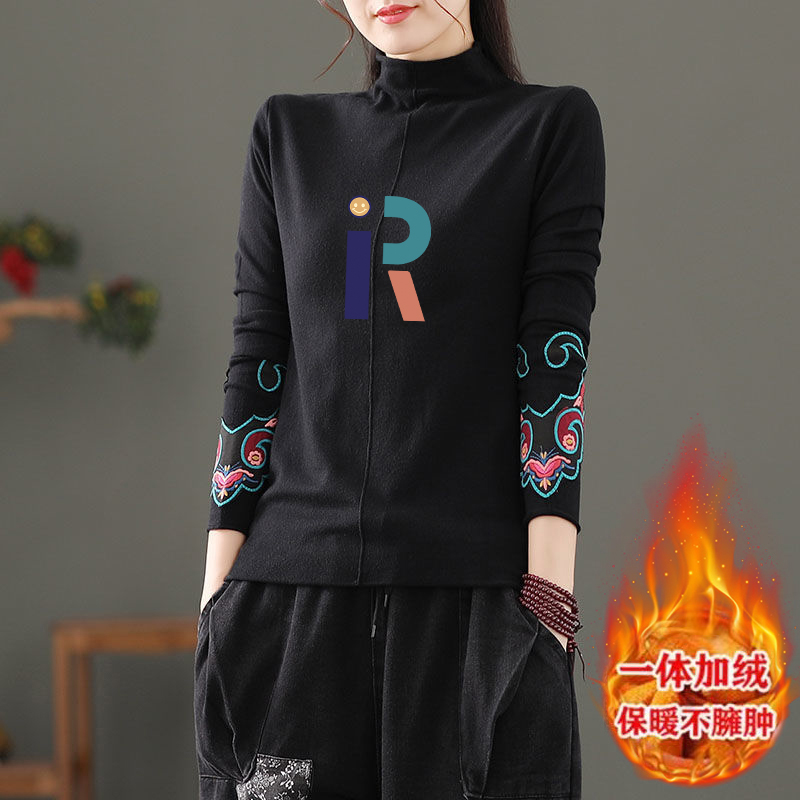 德绒印花女士上衣冬民族风长袖加绒加厚T恤复古半高领保暖打底衫