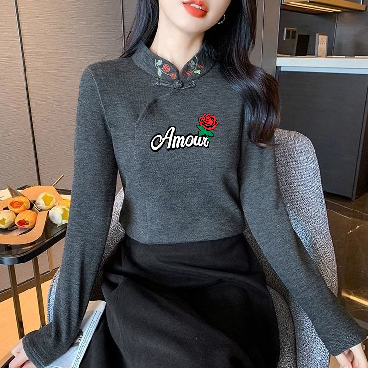 新中式加绒立领印花打底衫女德绒长袖内搭t恤中国风刺绣加厚上衣