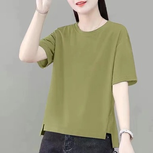 新款 t恤女夏季 纯棉 前短后长不对称拼接纯色上衣 圆领短袖
